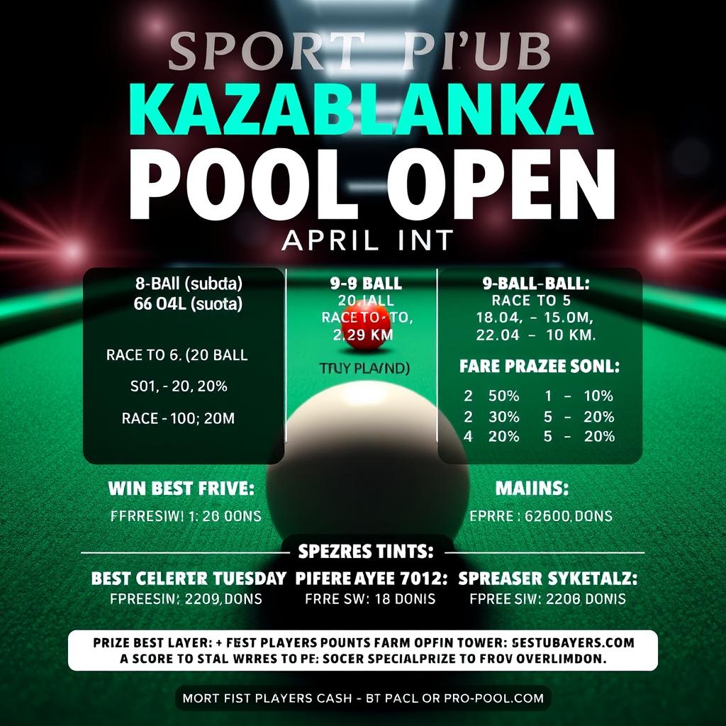 An exciting and professional poster for the 'SPORT PUB KAZABLANKA POOL OPEN – APRIL' billiards tournament, featuring a sleek design that captures the spirit of competition