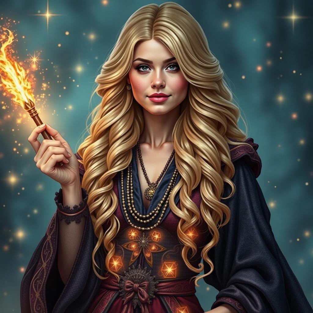 A beautiful sorceress with long, flowing blonde hair, holding a glowing wand with flames at its tip