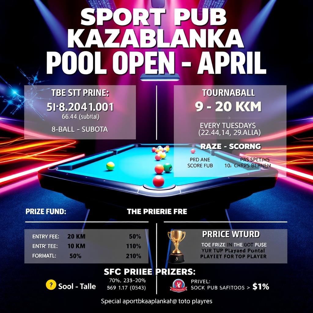 A bold and visually striking poster for the 'SPORT PUB KAZABLANKA POOL OPEN – APRIL' billiards tournament