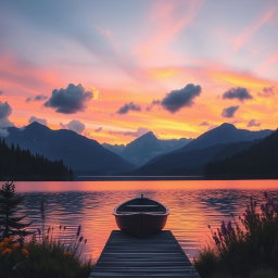 A serene landscape featuring a tranquil lake surrounded by majestic mountains under a vibrant sunset