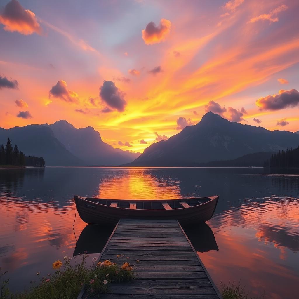 A serene landscape featuring a tranquil lake surrounded by majestic mountains under a vibrant sunset