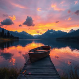 A serene landscape featuring a tranquil lake surrounded by majestic mountains under a vibrant sunset