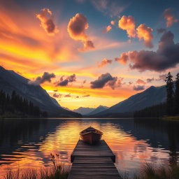 A serene landscape featuring a tranquil lake surrounded by majestic mountains under a vibrant sunset