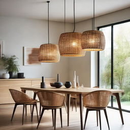 Three pendant rattan lights elegantly illuminating a contemporary dining room