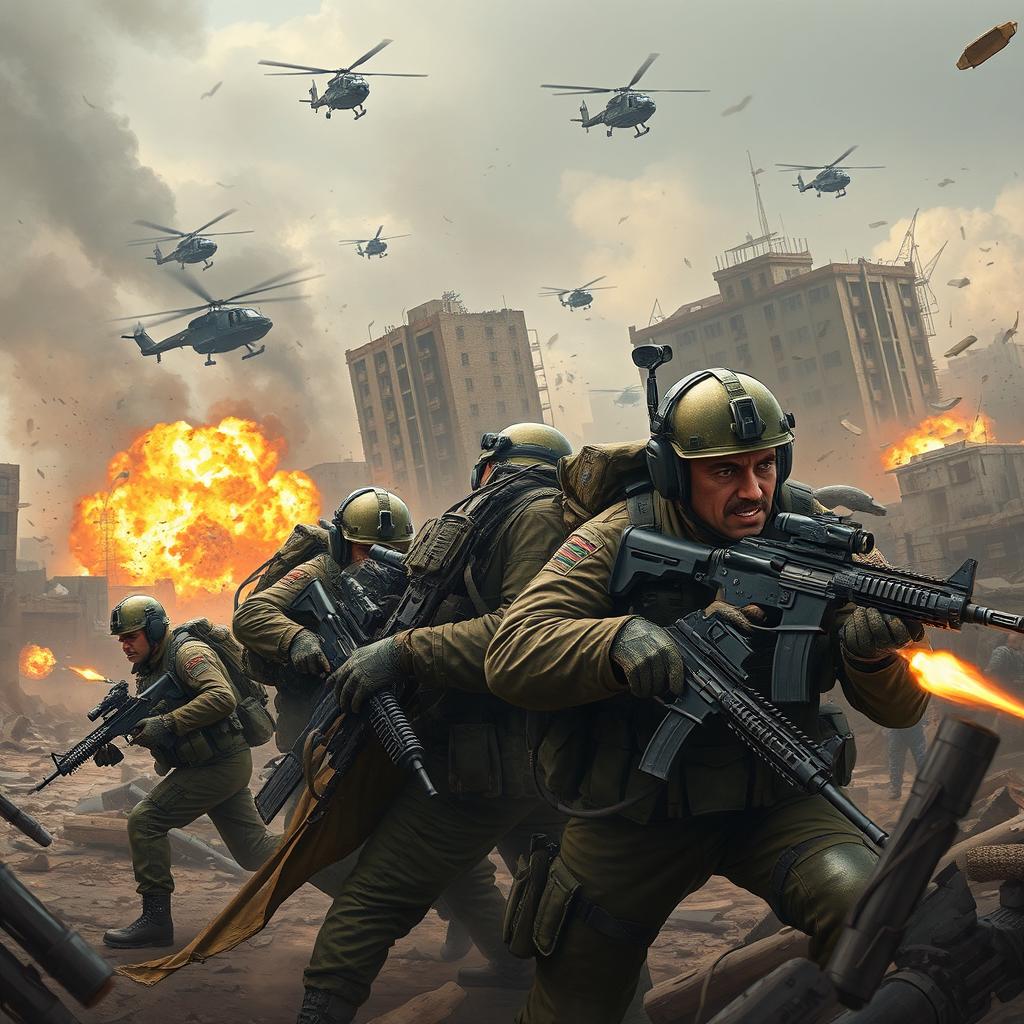 A high-stakes warzone scene depicting soldiers in full tactical gear engaged in intense combat