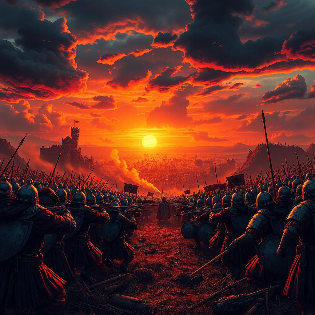 A dramatic battlefield scene during sunset, showcasing a wide view of soldiers in an intense standoff