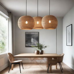 Three pendant rattan lights elegantly illuminating a contemporary dining room