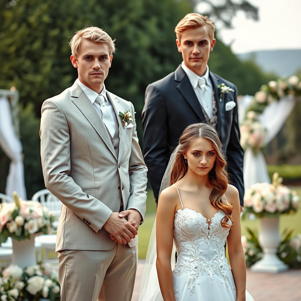 A couple dressed in wedding attire, the man is tall and imposing with blonde hair and a serious expression, standing confidently