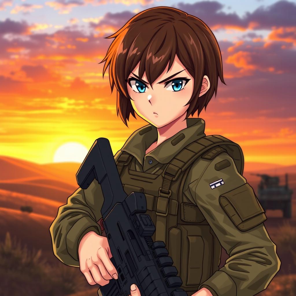 A brave and determined soldier girl in a military uniform, equipped with gear and a tactical vest, standing confidently in a battlefield setting