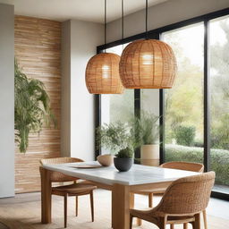 Three proportionally arranged pendant rattan lights illuminating a contemporary dining room