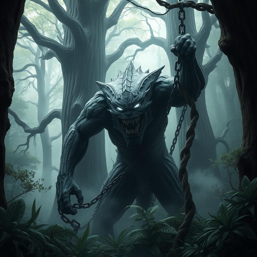 A fearsome monster chained in a dense, eerie forest, surrounded by towering, ancient trees with gnarled branches