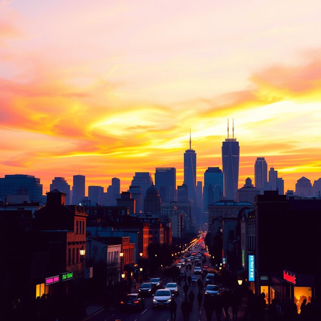 An abstract depiction of a vibrant and dynamic city skyline at sunset, with a mix of modern and old architecture blending seamlessly