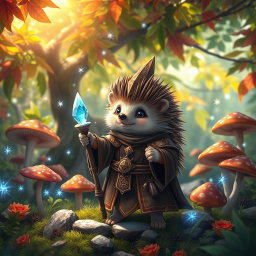 A whimsical Dungeons and Dragons scene featuring a hedgehog cleric, clad in ornate robes adorned with mystical symbols, casting a spell in a vibrant, enchanted woodland setting
