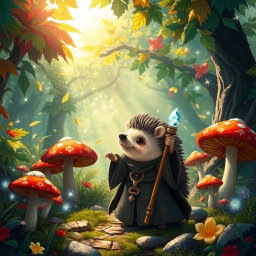 A whimsical Dungeons and Dragons scene featuring a hedgehog cleric, clad in ornate robes adorned with mystical symbols, casting a spell in a vibrant, enchanted woodland setting