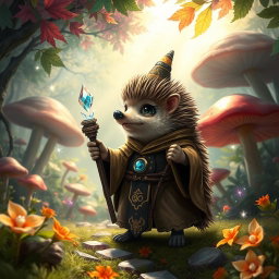 A whimsical Dungeons and Dragons scene featuring a hedgehog cleric, clad in ornate robes adorned with mystical symbols, casting a spell in a vibrant, enchanted woodland setting