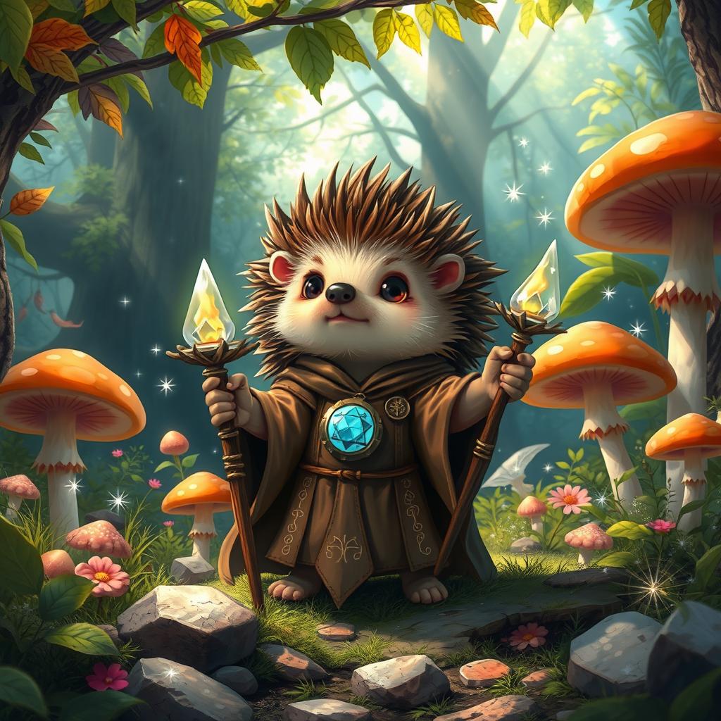 A whimsical Dungeons and Dragons scene featuring a hedgehog cleric, clad in ornate robes adorned with mystical symbols, casting a spell in a vibrant, enchanted woodland setting