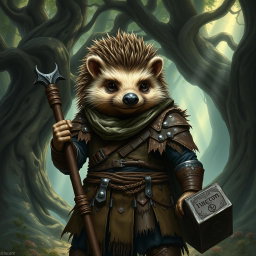 A realistic Dungeons and Dragons hedgehog cleric, showcasing signs of wear from a past war, dressed in rugged leather armor that is torn and battle-scarred