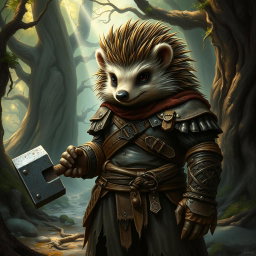 A realistic Dungeons and Dragons hedgehog cleric, showcasing signs of wear from a past war, dressed in rugged leather armor that is torn and battle-scarred