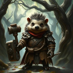 A realistic Dungeons and Dragons hedgehog cleric, showcasing signs of wear from a past war, dressed in rugged leather armor that is torn and battle-scarred