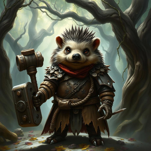 A realistic Dungeons and Dragons hedgehog cleric, showcasing signs of wear from a past war, dressed in rugged leather armor that is torn and battle-scarred
