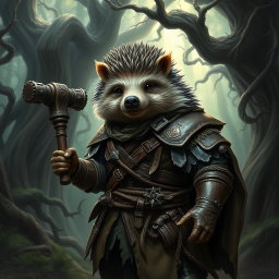 A realistic Dungeons and Dragons hedgehog cleric, showcasing signs of wear from a past war, dressed in rugged leather armor that is torn and battle-scarred