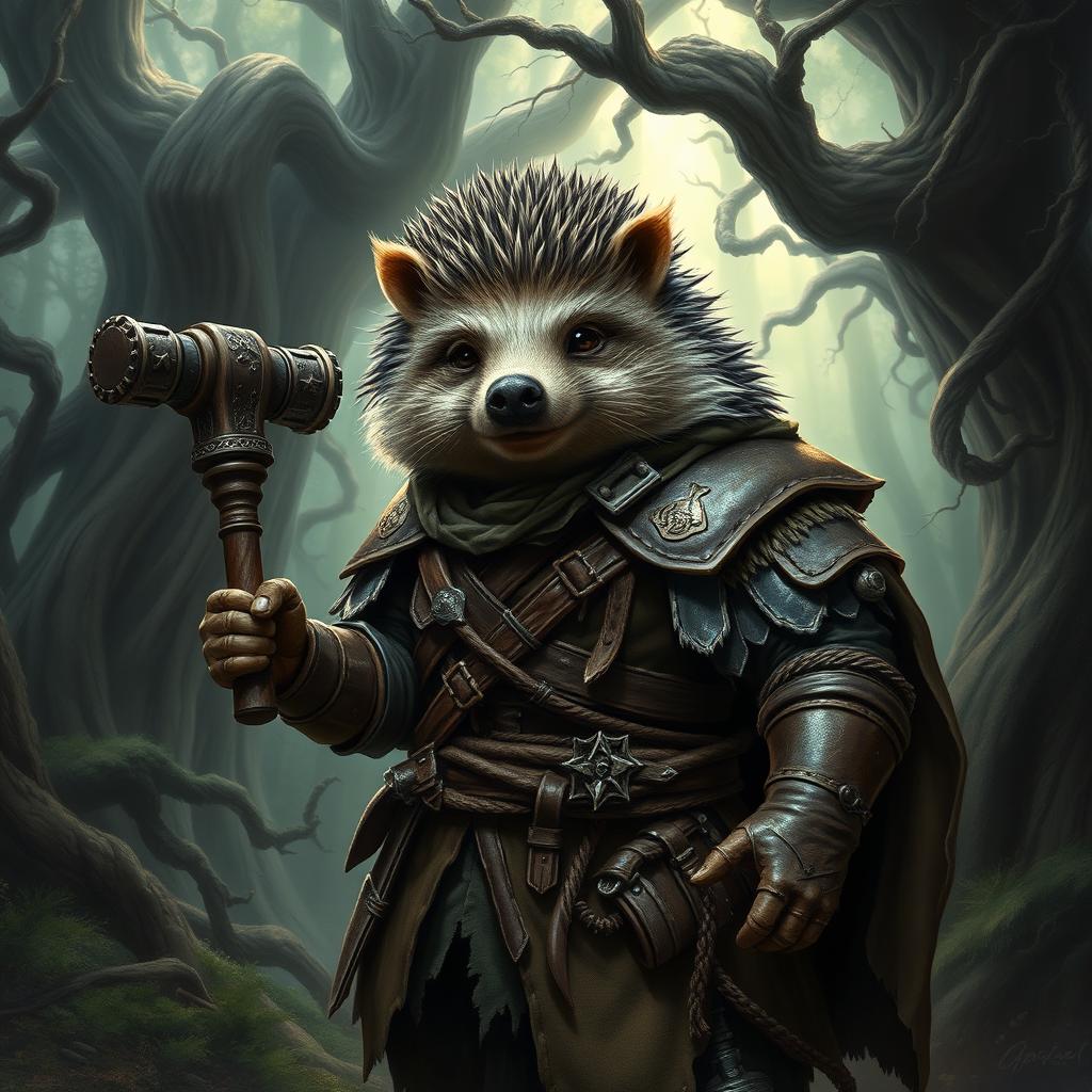 A realistic Dungeons and Dragons hedgehog cleric, showcasing signs of wear from a past war, dressed in rugged leather armor that is torn and battle-scarred