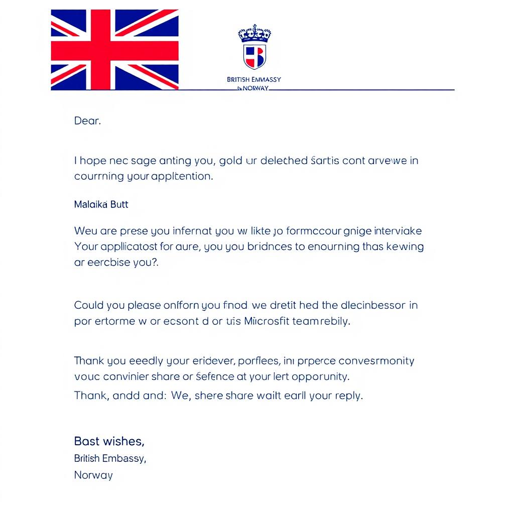 An email template from the British Embassy in Norway addressed to Malaika Butt, including a polite opening: 'Dear Malaika Butt,' followed by a friendly message: 'I hope this message finds you in good spirits