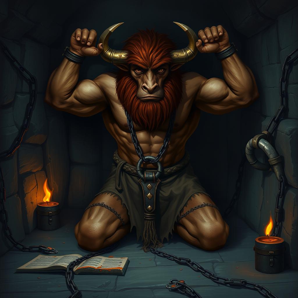 A muscular Tauren with rich brown fur, depicted on his knees in a dark dungeon environment