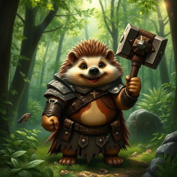 A realistic yet jolly Dungeons and Dragons hedgehog cleric, bearing signs of having been through a war, proudly wearing leather armor featuring a quirky symbol of a fart on the chest