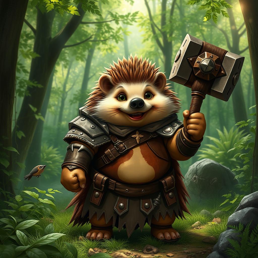 A realistic yet jolly Dungeons and Dragons hedgehog cleric, bearing signs of having been through a war, proudly wearing leather armor featuring a quirky symbol of a fart on the chest