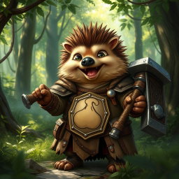 A realistic yet jolly Dungeons and Dragons hedgehog cleric, bearing signs of having been through a war, proudly wearing leather armor featuring a quirky symbol of a fart on the chest