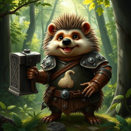 A realistic yet jolly Dungeons and Dragons hedgehog cleric, bearing signs of having been through a war, proudly wearing leather armor featuring a quirky symbol of a fart on the chest