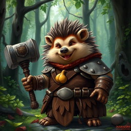 A realistic yet jolly Dungeons and Dragons hedgehog cleric, bearing signs of having been through a war, proudly wearing leather armor featuring a quirky symbol of a fart on the chest