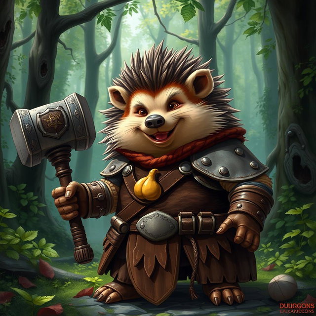 A realistic yet jolly Dungeons and Dragons hedgehog cleric, bearing signs of having been through a war, proudly wearing leather armor featuring a quirky symbol of a fart on the chest