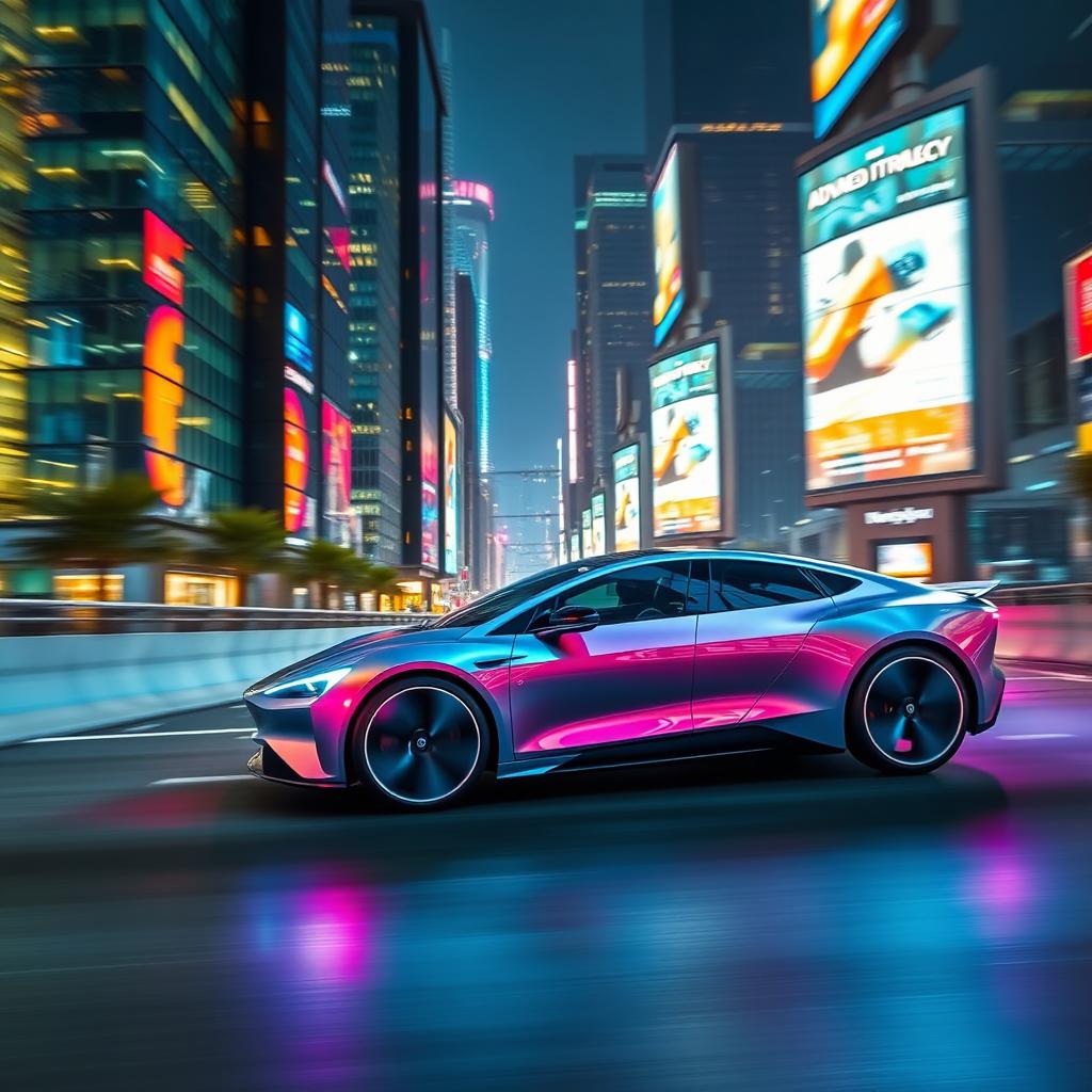 A sleek, modern electric vehicle speeding down a futuristic urban highway, showcasing its streamlined design and vibrant color palette