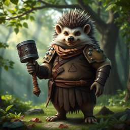 A tall, realistic yet amicable Dungeons and Dragons hedgehog cleric, displaying the marks of war on its leather armor, which features a humorous symbol of a fart prominently displayed