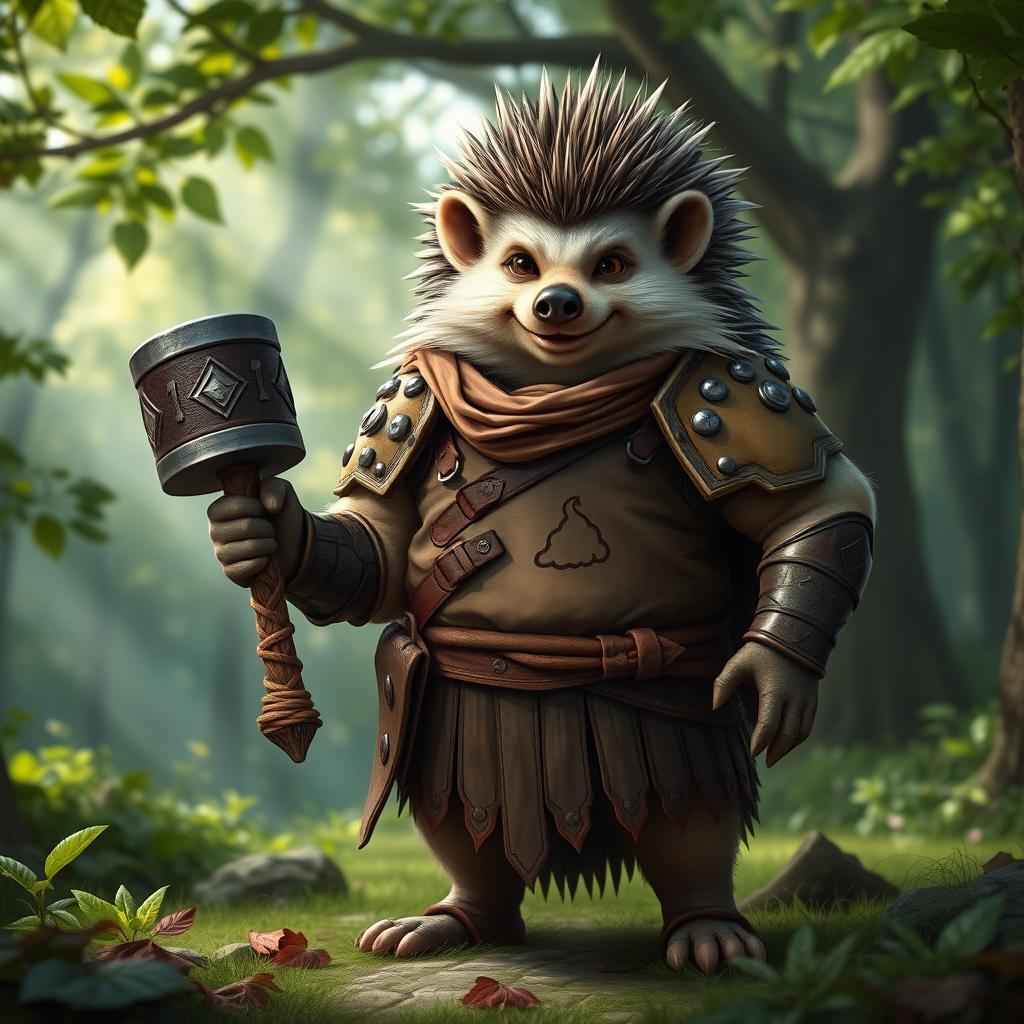 A tall, realistic yet amicable Dungeons and Dragons hedgehog cleric, displaying the marks of war on its leather armor, which features a humorous symbol of a fart prominently displayed