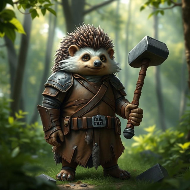 A tall, realistic yet amicable Dungeons and Dragons hedgehog cleric, displaying the marks of war on its leather armor, which features a humorous symbol of a fart prominently displayed