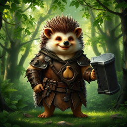 A tall, realistic yet amicable Dungeons and Dragons hedgehog cleric, displaying the marks of war on its leather armor, which features a humorous symbol of a fart prominently displayed