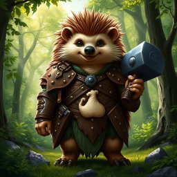 A tall, realistic yet amicable Dungeons and Dragons hedgehog cleric, displaying the marks of war on its leather armor, which features a humorous symbol of a fart prominently displayed