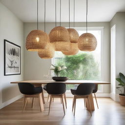 Three proportionally arranged pendant rattan lights illuminating a contemporary dining room