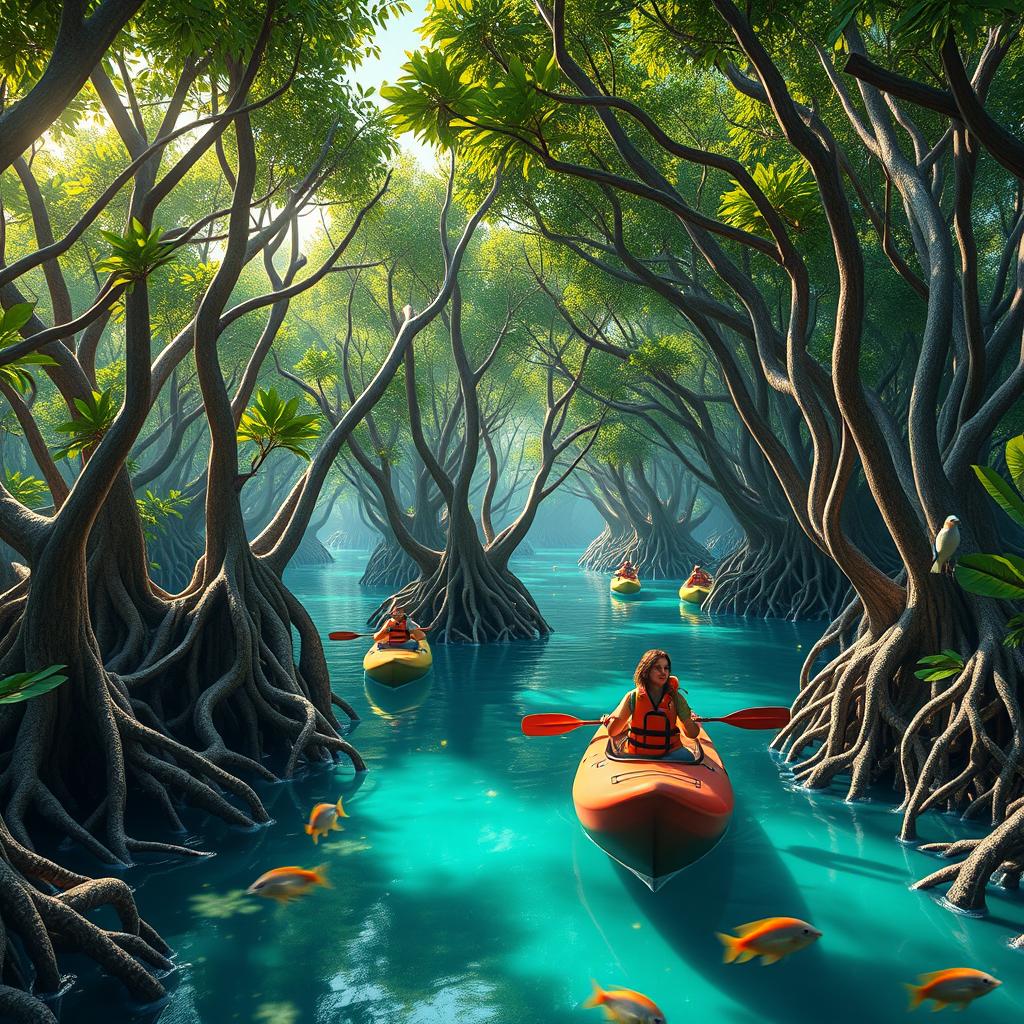 A vibrant 3D scene depicting a mangrove adventure, featuring an intricate network of mangrove trees with their roots submerged in crystal-clear water