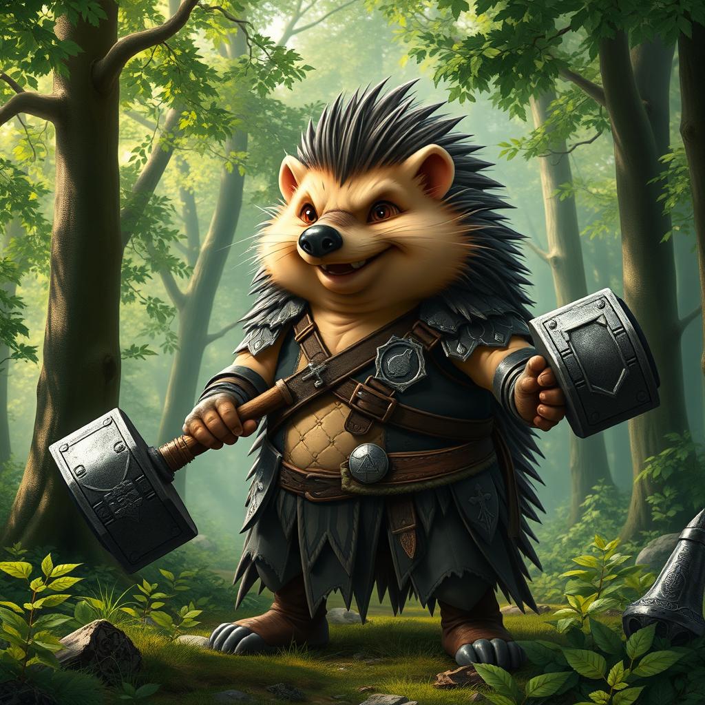 A tall, realistic yet amicable Dungeons and Dragons hedgehog cleric, embodying qualities of both warmth and strength, showcasing scars and signs of having been through a war