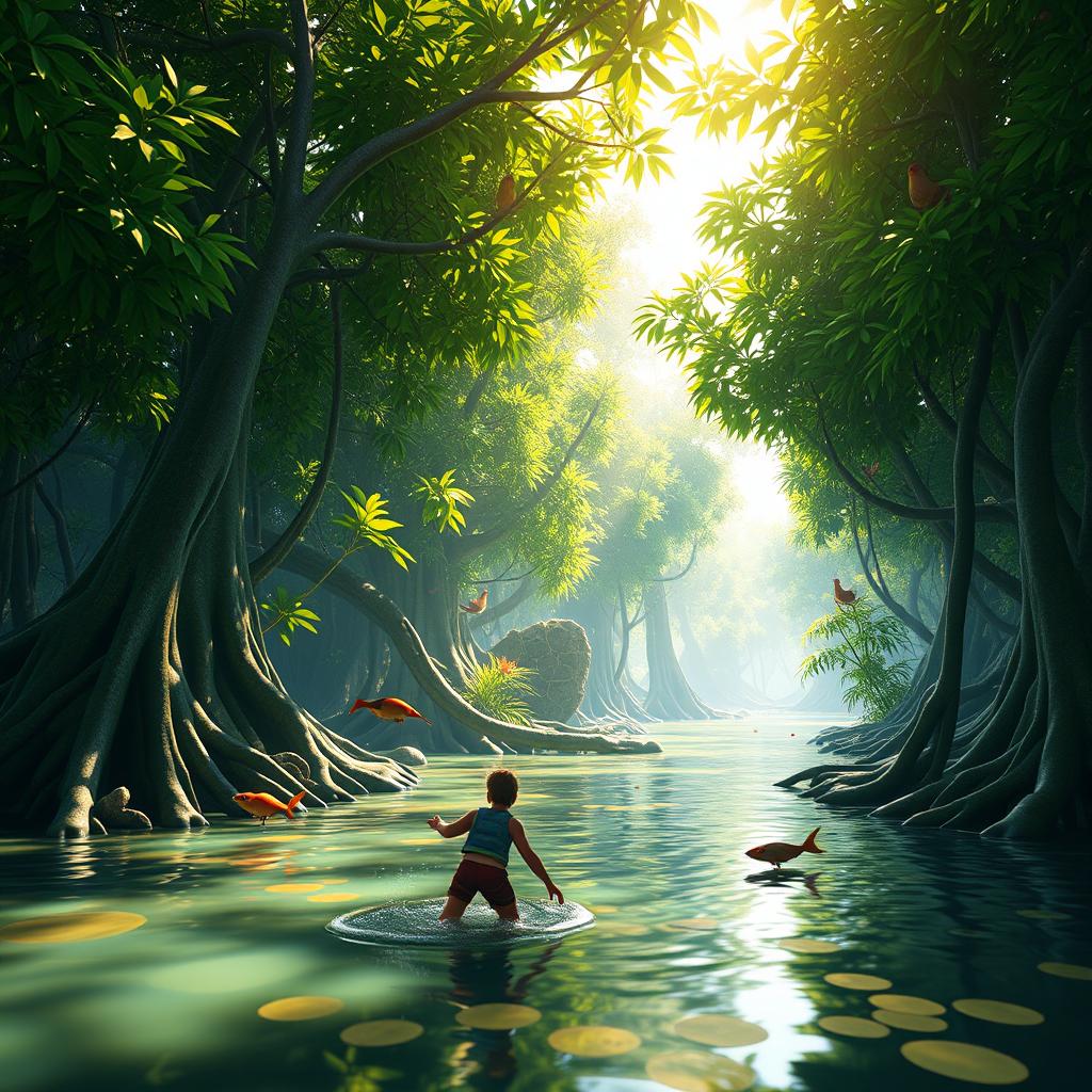 A vibrant, immersive 3D scene from a mangrove environment in a game, showcasing lush green mangrove trees with sprawling roots, rich wildlife such as colorful birds and fish, and sunlight filtering through the dense foliage, creating dappled shadows on the ground