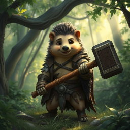 A tall, realistic yet amicable Dungeons and Dragons hedgehog cleric, showing signs of having been through a war