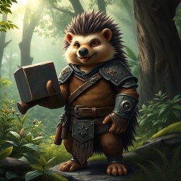 A tall, realistic yet amicable Dungeons and Dragons hedgehog cleric, showing signs of having been through a war