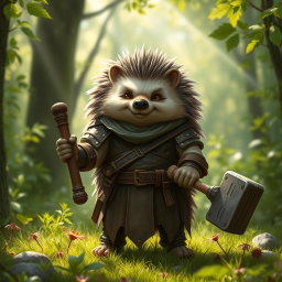 A tall, realistic yet amicable Dungeons and Dragons hedgehog cleric, showing signs of having been through a war