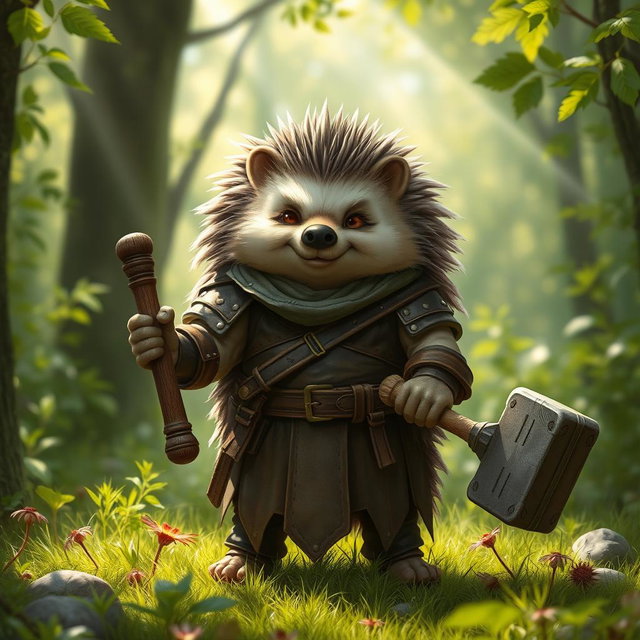 A tall, realistic yet amicable Dungeons and Dragons hedgehog cleric, showing signs of having been through a war