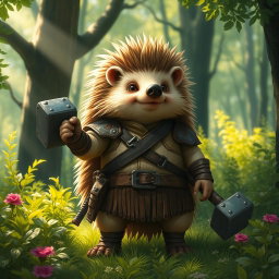 A tall, realistic yet amicable Dungeons and Dragons hedgehog cleric, showing signs of having been through a war