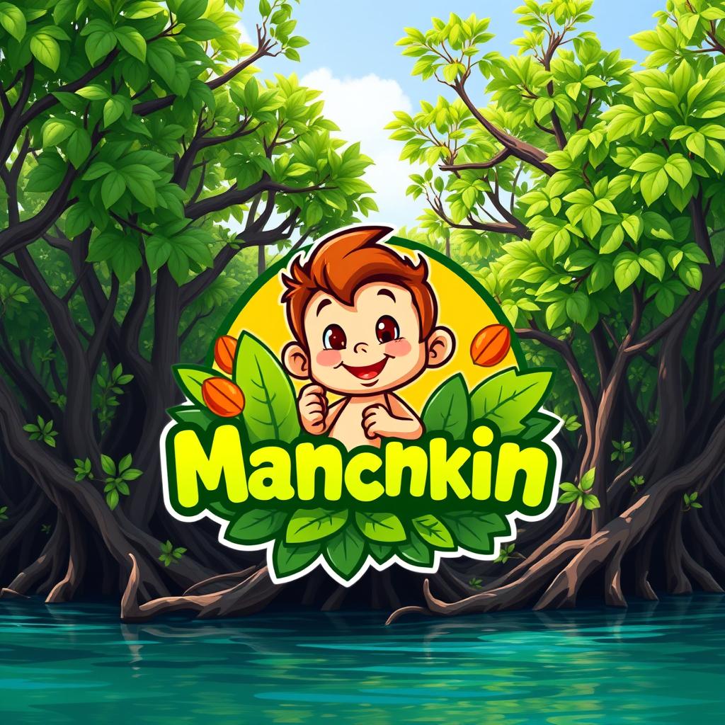 A vibrant logo featuring a cheerful munchkin character surrounded by lush mangrove trees